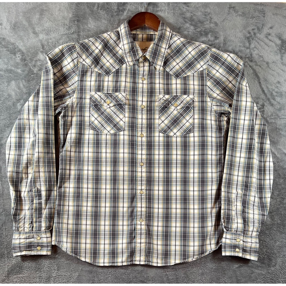 Vintage Hollister Shirt Mens Large Brown Plaid Pearl Snap Western Long Sleeve